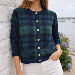 100% Wool Green Blue Plaid Cardigan Gold Crest Buttons | Medium